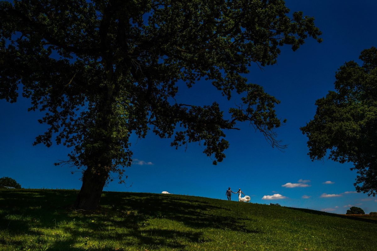 Photographe mariage Normandie — couple colline chêne ciel bleu — Arnaud Chapelle